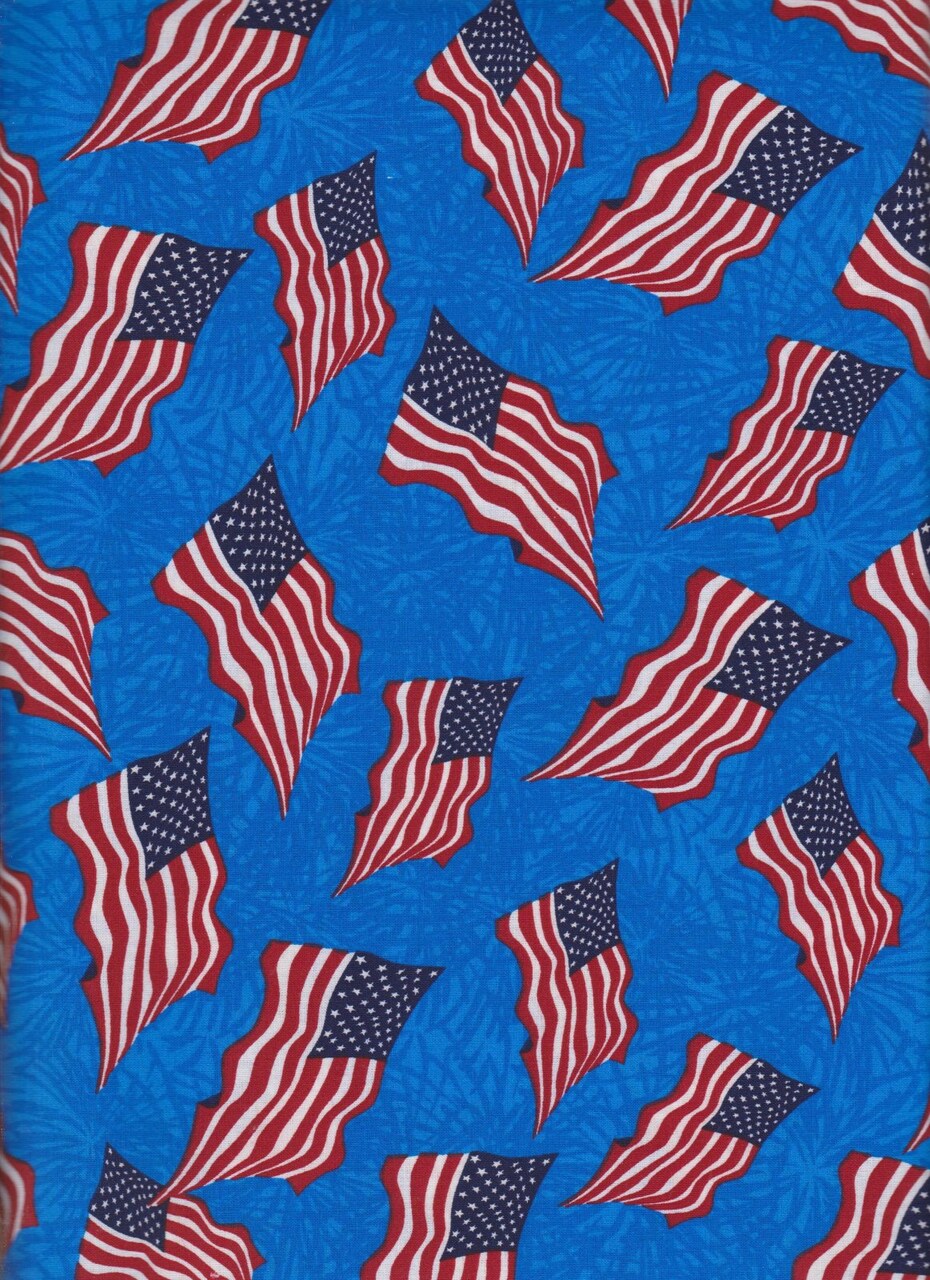 Foust Textiles Made In The USA Red White and Blue Wavy Flags on Blue Patriotic Price per Yard